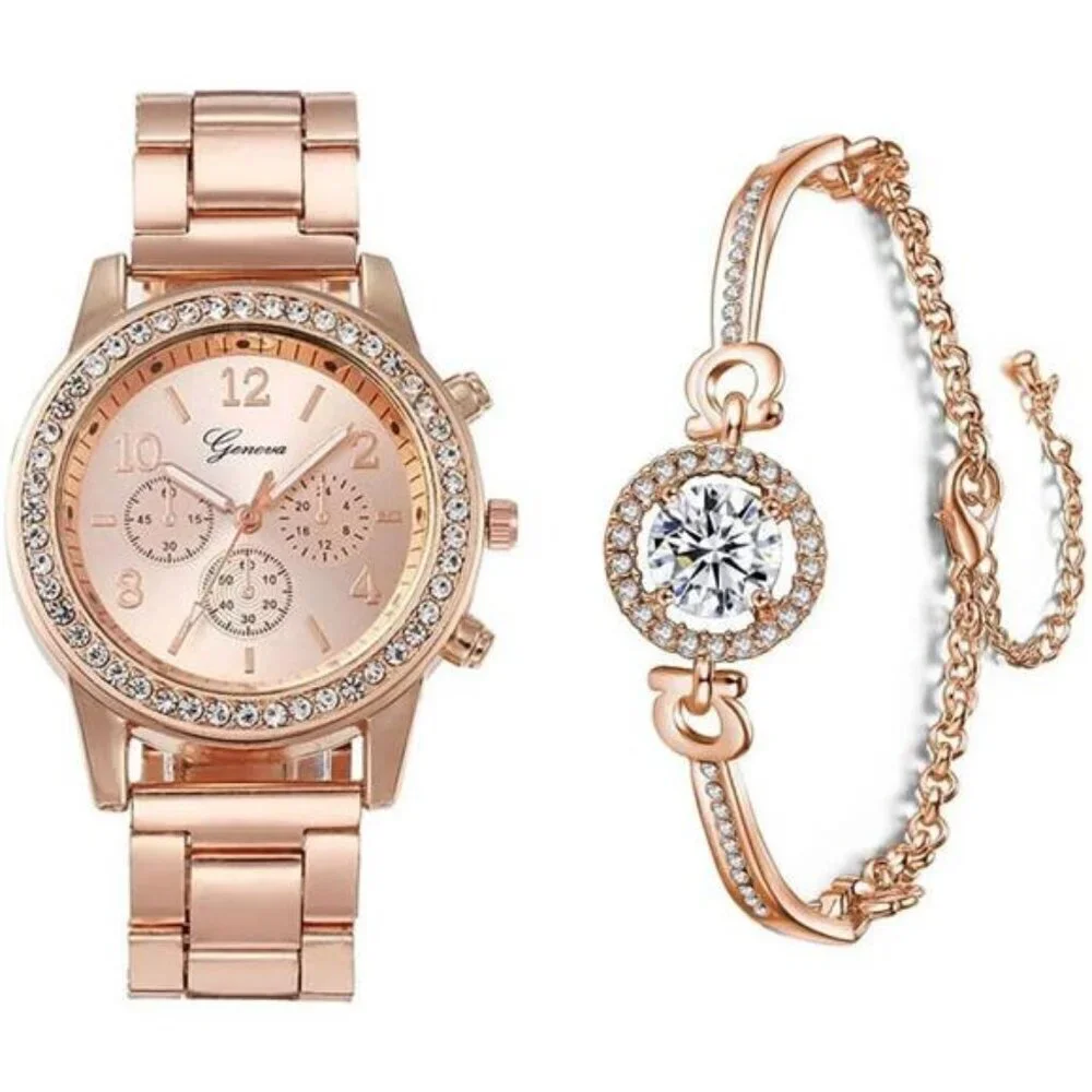 Luxury Women's Watch and Bracelet Sets – Elegant Timepiece with Crystal Accent